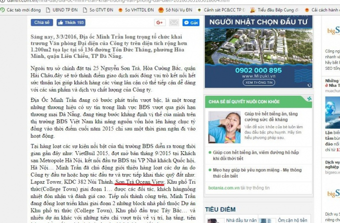 Th&aacute;ng 3/2016, C&ocirc;ng ty địa ốc Minh Trần đ&atilde; gọi t&ecirc;n dự &aacute;n The Sunmit l&agrave; Sơn Tr&agrave; Ocean View (b&ocirc;i đỏ) chứ kh&ocirc;ng phải chờ đến th&aacute;ng 8/2017.&nbsp;
