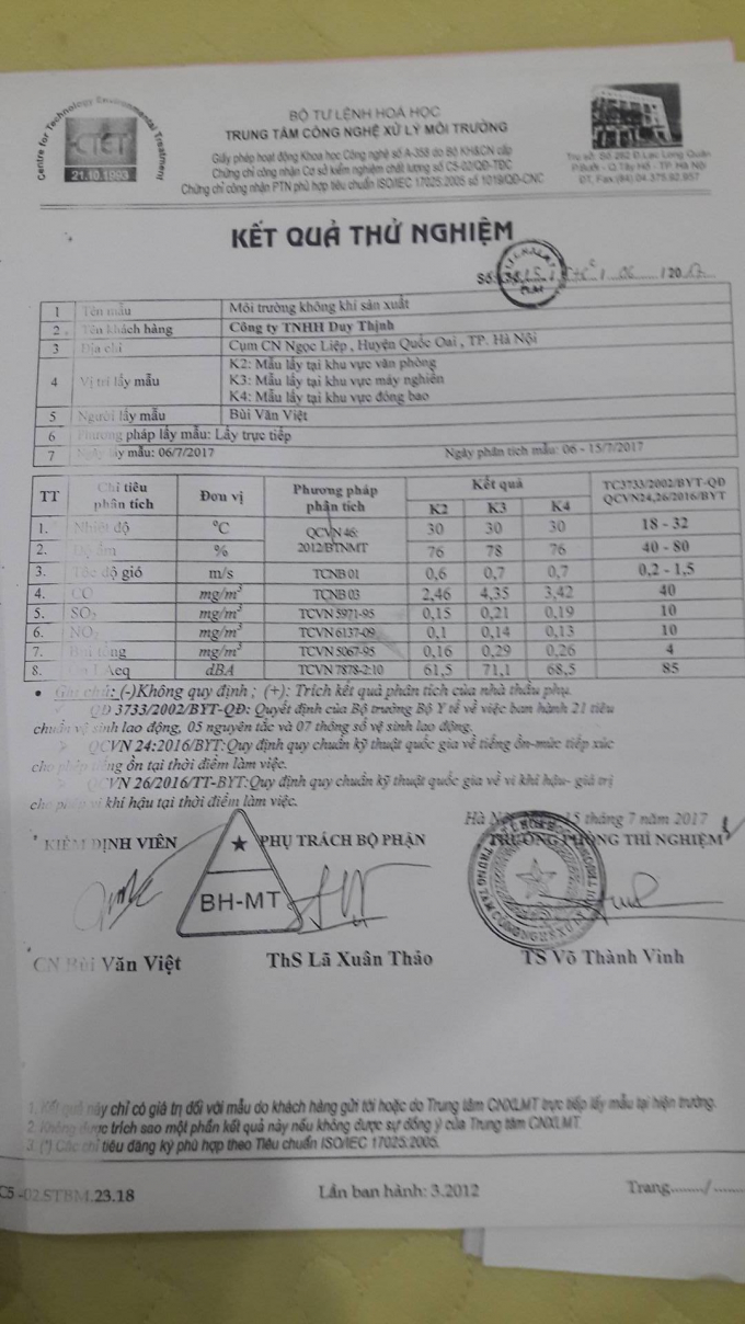 Kết quả thử nghiệm đ&atilde; được cơ quan chức năng x&aacute;c định.