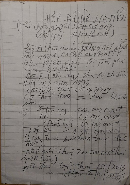 Hợp đồng vay tiền giữa b&agrave; Mẫn v&agrave; b&agrave; Hương.