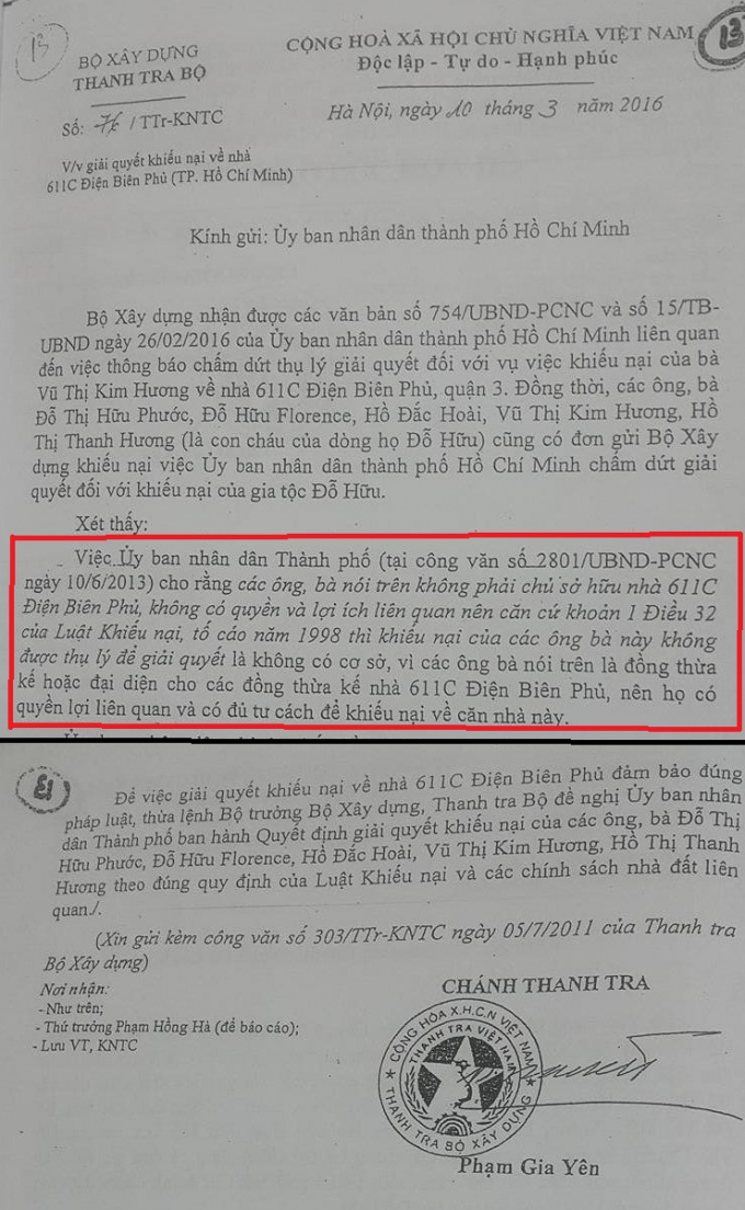 C&ocirc;ng văn của Thanh tra Bộ X&acirc;y Dựng khẳng định quyền thừa quyền thừa kế v&agrave; đủ tư c&aacute;ch khiếu nại của c&aacute;c &ocirc;ng, b&agrave;: Vụ Thị Kim Hương, Hồ Thị Thanh Hương, Đỗ Thị Hữu Phước, Đỗ Hữu Florence, Hồ Đắc Ho&agrave;i.