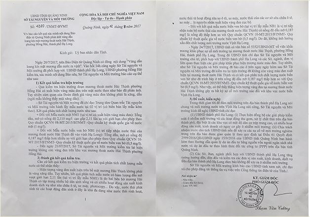 Sở T&agrave;i nguy&ecirc;n v&agrave; M&ocirc;i trường tỉnh Quảng Ninh vừa đưa ra th&ocirc;ng b&aacute;o ch&iacute;nh thức về hiện tượng v&aacute;ng m&agrave;u xuất hiện tại mương tho&aacute;t nước Hải Thịnh, phường Hồng Hải, th&agrave;nh phố Hạ Long ng&agrave;y 20/7