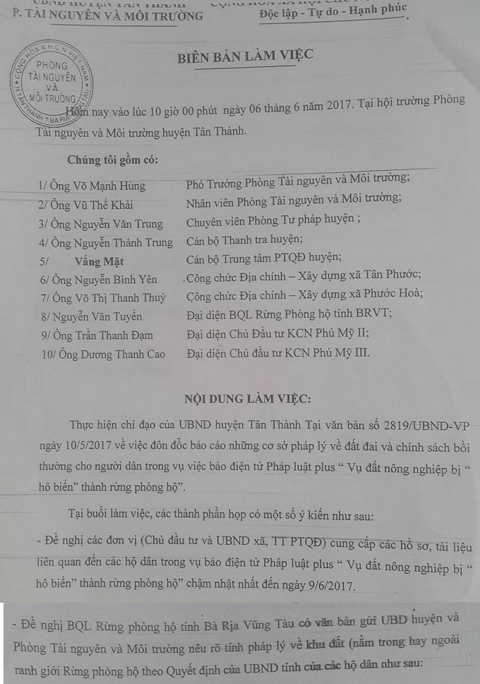 Bi&ecirc;n bản buổi l&agrave;m việc ng&agrave;y 6/6/2017 l&agrave;m r&otilde; cơ sở ph&aacute;p l&yacute; v&agrave; ch&iacute;nh s&aacute;ch bồi thường cho người d&acirc;n.