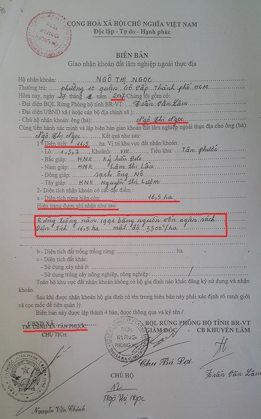 Hợp đồng kho&aacute;n của b&agrave; Ngọc nhận 16,5ha rừng v&agrave;o năm 2007.