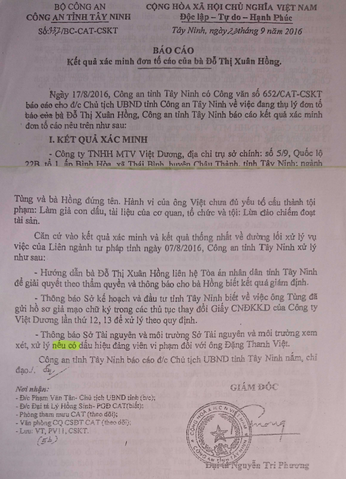 B&aacute;o c&aacute;o x&aacute;c minh của C&ocirc;ng an tỉnh T&acirc;y Ninh