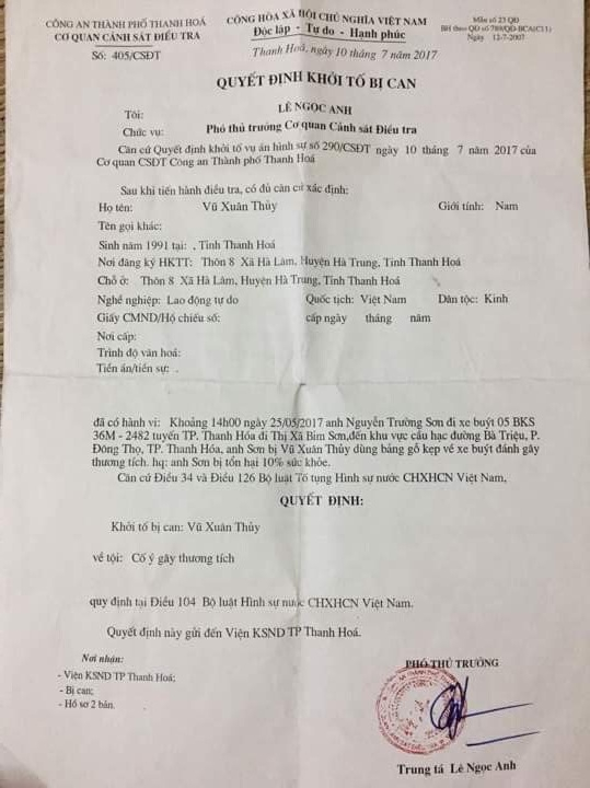 Quyết định khởi tố bị can của c&ocirc;ng an Th&agrave;nh phố Thanh H&oacute;a.