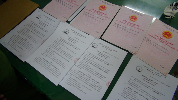 Th&ugrave;y c&ograve;n l&agrave;m giả giấy chứng nhận quyền sử dụng đất v&agrave; 4 hợp đồng chuyển nhượng t&agrave;i sản b&aacute;n cho c&aacute;c bị hại để chiếm đoạt t&agrave;i sản tr&ecirc;n 4 tỷ đồng. Ảnh: CAQuangNgai.