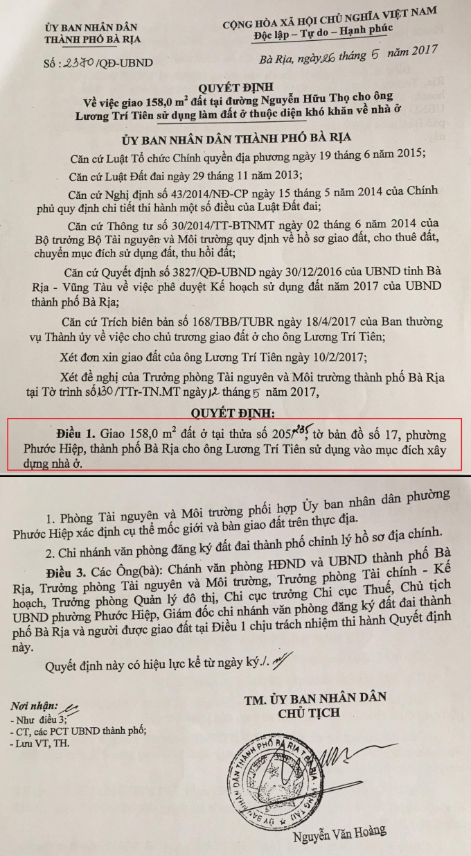Quyết định số&nbsp;2370/QĐ-UBND của UBND TP B&agrave; Rịa giao 158m2 đất cho &ocirc;ng Lương Tr&iacute; Ti&ecirc;n.
