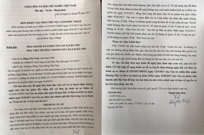 Đơn khiếu nại theo thủ tục Gi&aacute;m đốc thẩm của b&agrave; Đặng Thị Vinh, mẹ bị c&aacute;o Phan Ngọc Dũng.