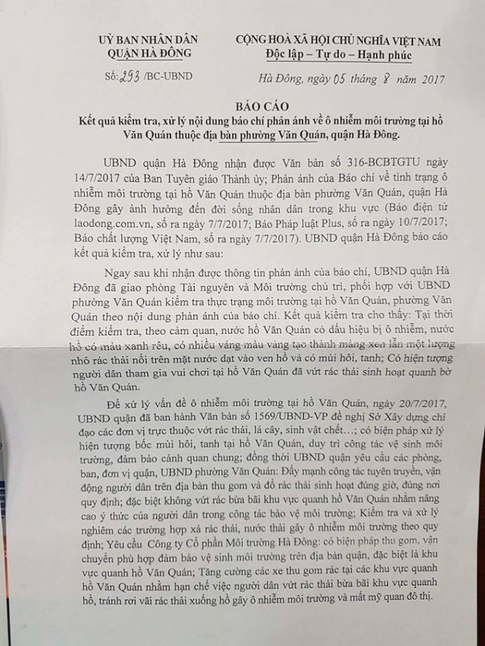 Văn bản b&aacute;o c&aacute;o kết quả kiểm tra, xử l&yacute; nội dung b&aacute;o ch&iacute; phản &aacute;nh về &ocirc; nhiểm m&ocirc;i trường tại hồ Văn Qu&aacute;n.