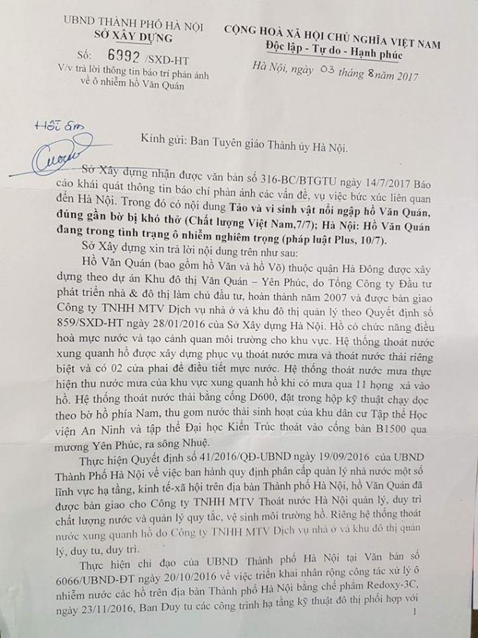C&ocirc;ng văn Sở x&acirc;y dựng H&agrave; N&ocirc;i trả lời th&ocirc;ng tin Ph&aacute;p luật plus phản &aacute;nh về &ocirc; nhiễm hồ Văn Qu&aacute;n gửi Ban tuy&ecirc;n gi&aacute;o th&agrave;nh ủy H&agrave; Nội.&nbsp;