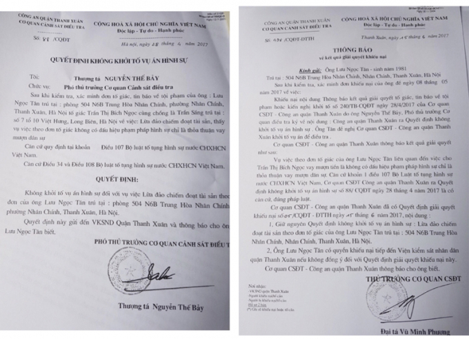 Th&ocirc;ng b&aacute;o kết quả giải quyết tố gi&aacute;c số 240 (Th&ocirc;ng b&aacute;o số 240) v&agrave; Quyết định kh&ocirc;ng khởi tố vụ &aacute;n h&igrave;nh sự số 88/CQĐT (Quyết định 88) c&ugrave;ng ng&agrave;y 28/4/2017 của Cơ quan CSĐT C&ocirc;ng an quận Thanh Xu&acirc;n.