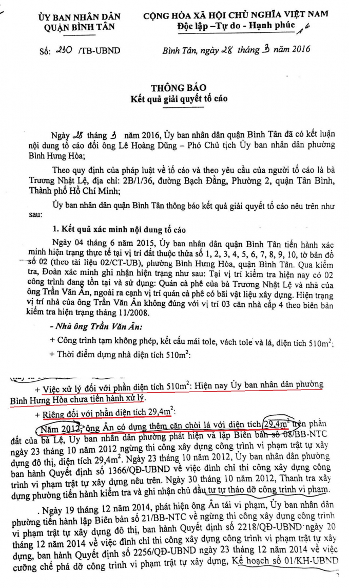 Th&ocirc;ng b&aacute;o số 230/TB-UBND của UBND quận B&igrave;nh T&acirc;n.