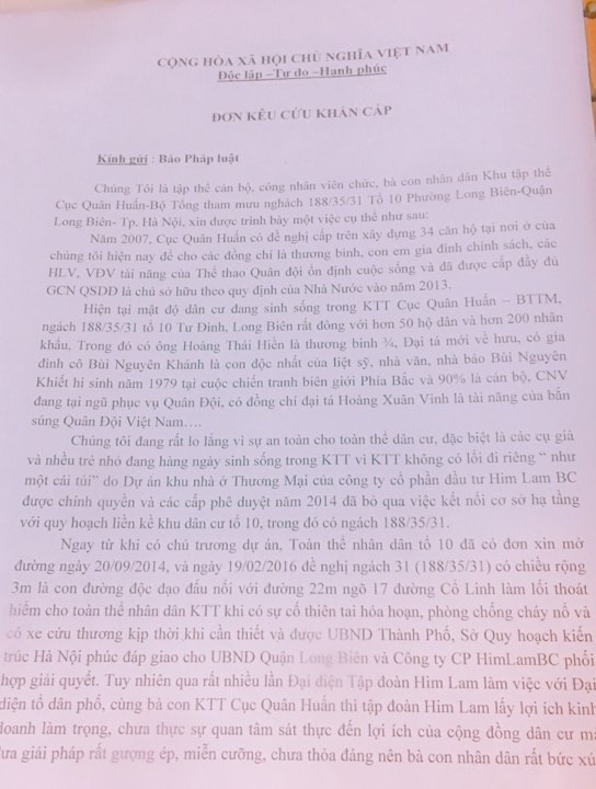 Đơn người d&acirc;n Long Bi&ecirc;n gửi t&ograve;a soạn Ph&aacute;p Luật Plus.