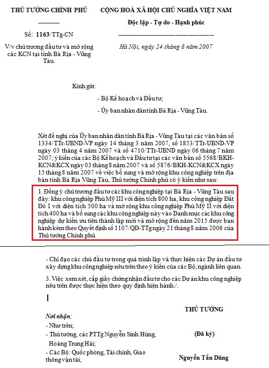 C&ocirc;ng văn số 1163/TTg-CN của Thủ tướng Ch&iacute;nh phủ đồng &yacute; chủ trương mở rộng KCN Ph&uacute; Mỹ II&nbsp;(nguồn C&ocirc;ng th&ocirc;ng tin điện tử Ch&iacute;nh phủ).