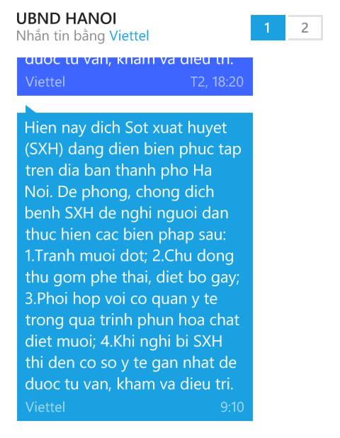 Nội dung tin nhắn cảnh b&aacute;o dịch sốt xuất huyết được gửi tới người d&acirc;n.