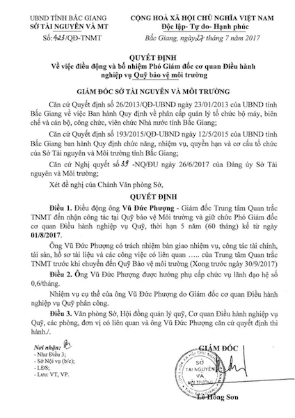 Quyết định điều động &ocirc;ng Vũ Đức Phượng nguy&ecirc;n Gi&aacute;m đốc Trung t&acirc;m Quan trắc TN&amp;amp;amp;MT nhận c&ocirc;ng t&aacute;c tại Quỹ bảo vệ M&ocirc;i trường v&agrave; nhận chức vụ Ph&oacute; Gi&aacute;m đốc (!?)