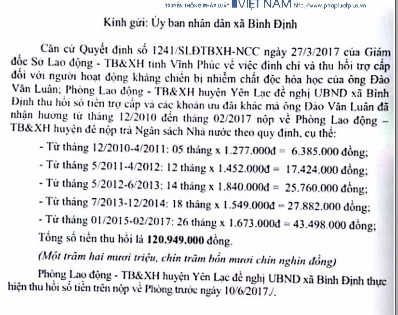 Vĩnh Phúc: Khai khống hồ sơ, thương binh “giả” bị truy thu 120 triệu tiền trợ cấp