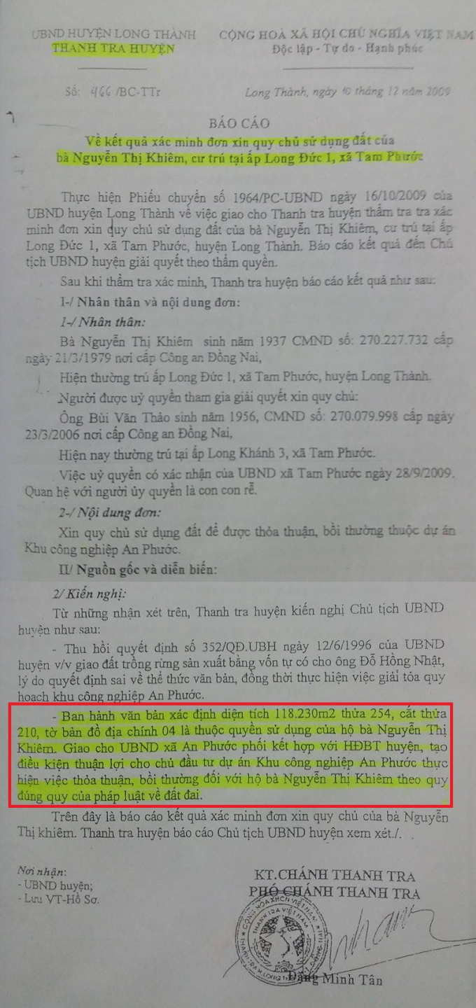 B&aacute;o c&aacute;o số 466/BC-TTr ng&agrave;y 10/12/2009 của Thanh tra huyện Long Th&agrave;nh.