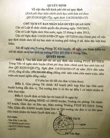 Quyết định truy thu 190 triệu đồng sai phạm do lập danh s&aacute;ch khống. (Ảnh: Anh Thắng)