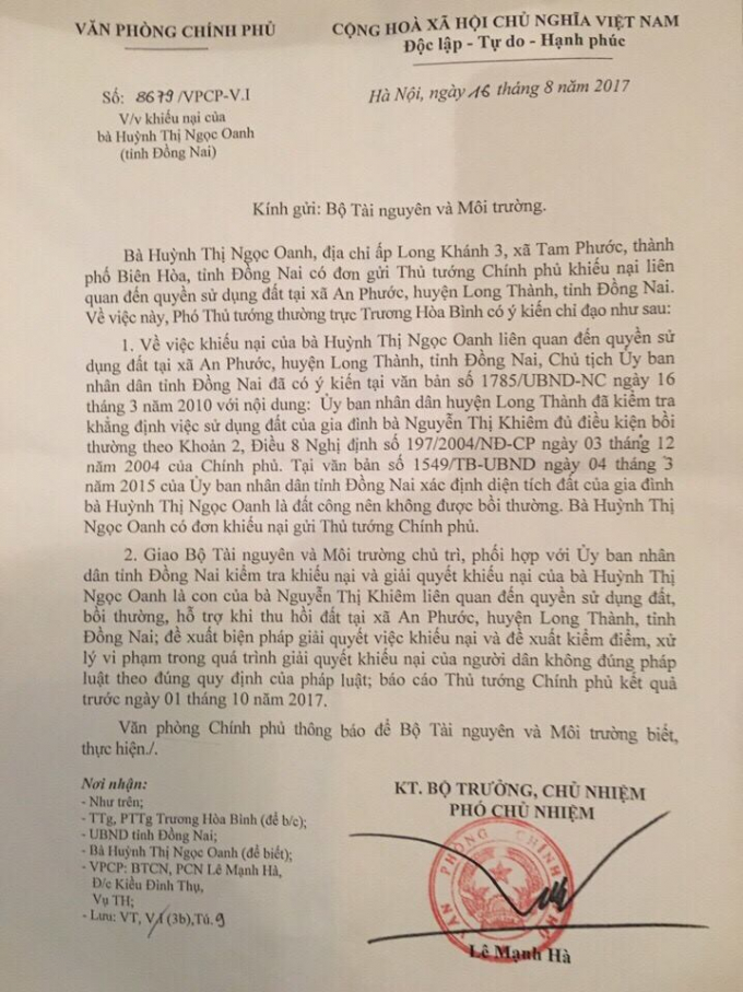 Văn bản Ph&oacute; Thủ tướng chỉ đạo giải quyết đơn khiếu nại của b&agrave; Oanh.