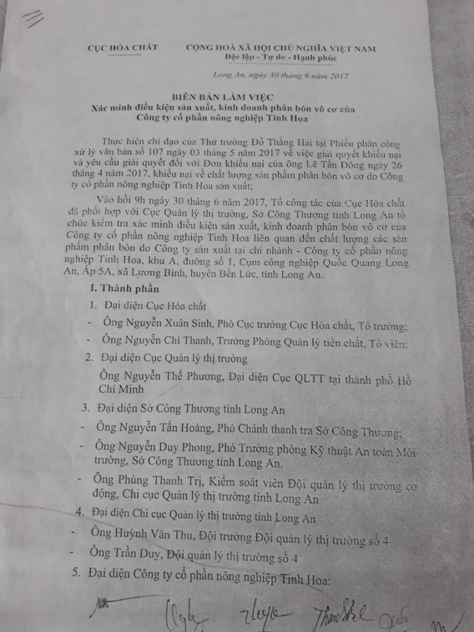 Bi&ecirc;n bản l&agrave;m việc ng&agrave;y 30/6/2017 của Cục H&oacute;a chất.&nbsp;