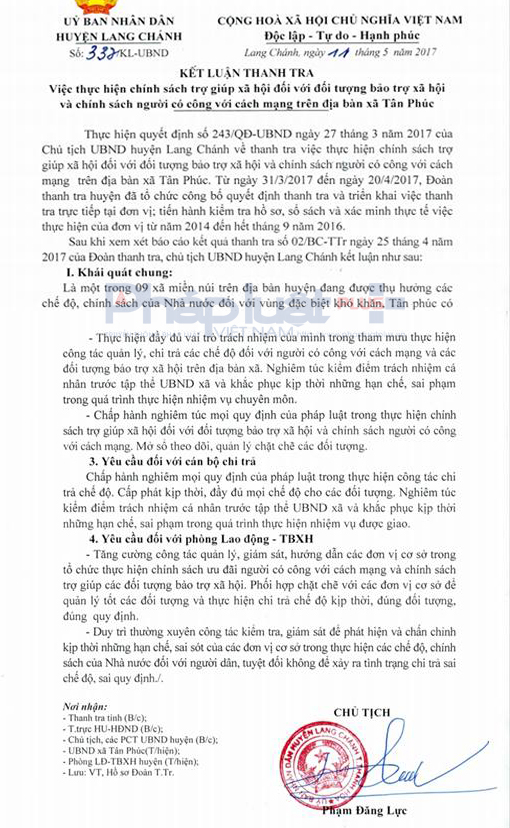 Kết luận số 337/KL-UBND của UBND huyện Lang Ch&aacute;nh truy thu 67,66 triệu đồng sai phạm. (Ảnh: Anh Thắng)