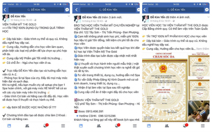 Quảng c&aacute;o về đ&agrave;o tạo nghề thẩm mỹ tr&ecirc;n trang c&aacute; nh&acirc;n của chủ cơ sở viện thẩm mỹ The Gold