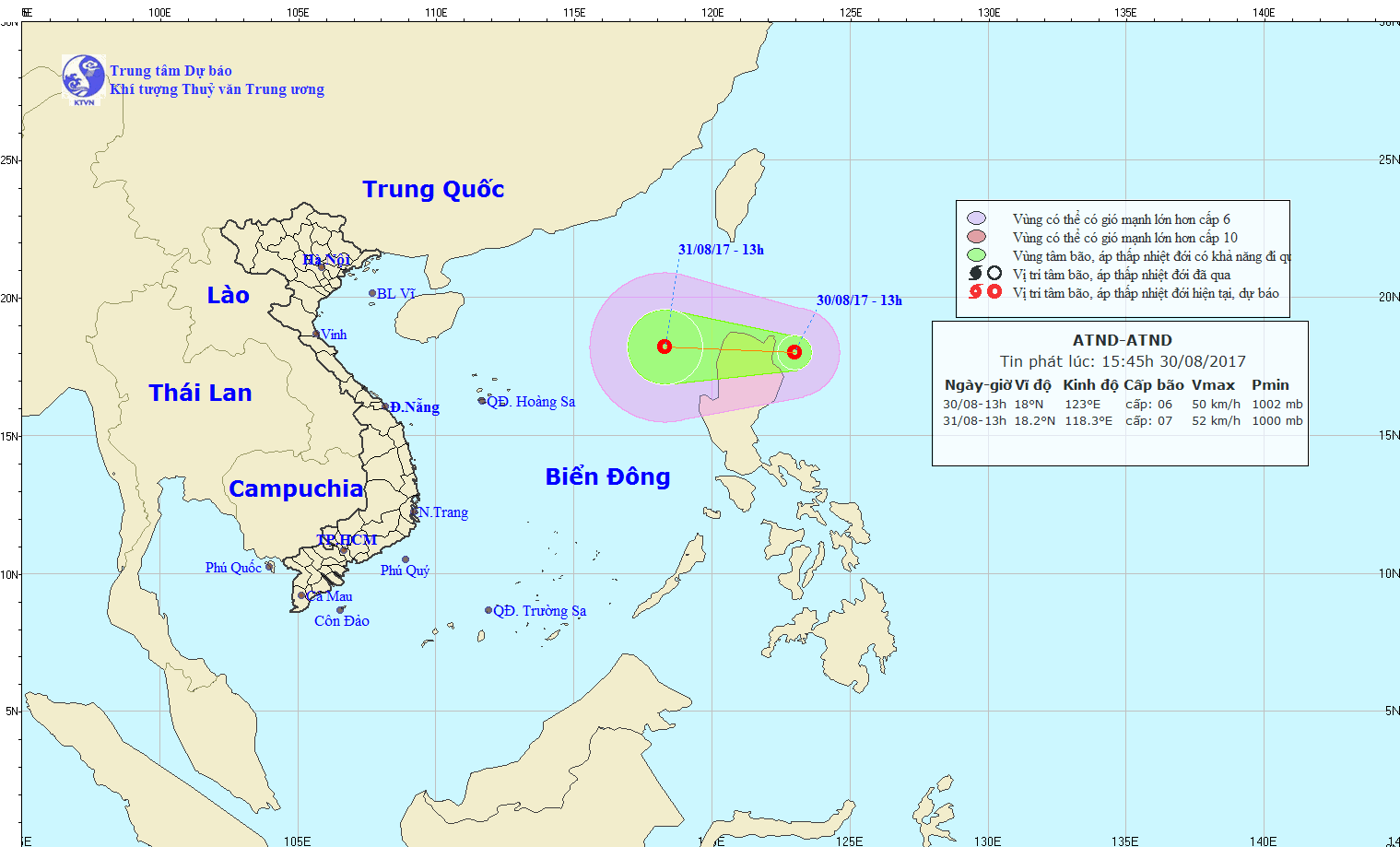 Dự b&aacute;o hướng đi của &aacute;p thấp nhiệt đới gần Biển Đ&ocirc;ng. Ảnh: nchmf.gov.vn