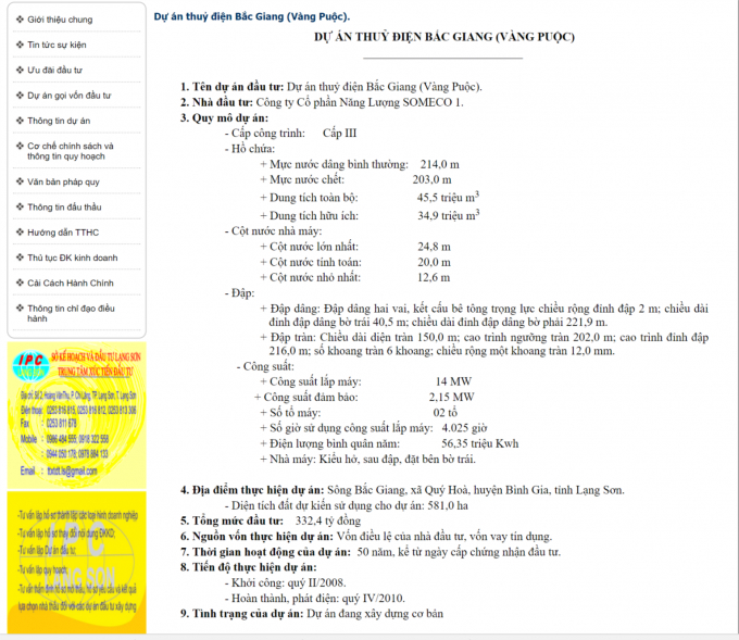 Th&ocirc;ng tin dự &aacute;n thủy điện Bắc Giang được đăng tải tr&ecirc;n cổng th&ocirc;ng tin điện tử tỉnh Lạng Sơn.