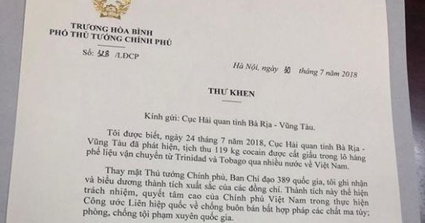 Vụ phát hiện 119 kg cocain: Phó Thủ tướng gửi thư khen Hải quan Bà Rịa Vũng Tàu