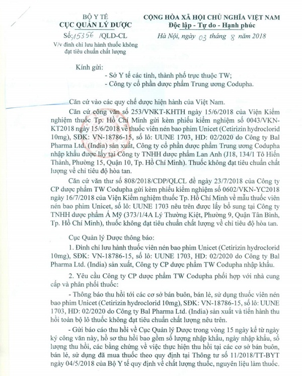 Thu hồi 1 loại thuốc chống dị ứng k&eacute;m chất lượng