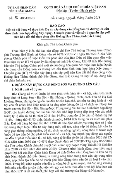 UBND tỉnh Bắc Giang b&aacute;o c&aacute;o Thủ tướng Ch&iacute;nh phủ vụ cho mượn đất l&agrave;m s&acirc;n Golf đồng thời đề xuất phương &aacute;n xử l&yacute;.