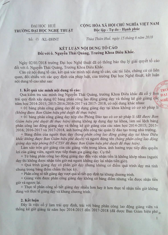 Đại học Nghệ thuật Huế: Một trưởng khoa bị kỷ luật cảnh c&aacute;o v&igrave;