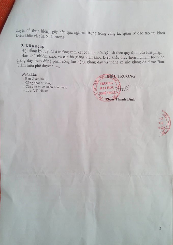 Bảng kết luận nội dung tố c&aacute;o của Trường Đại học Nghệ thuật - Huế.