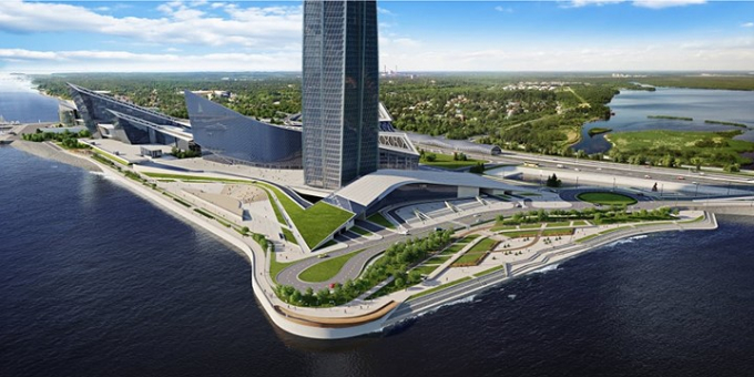 Phần dưới t&ograve;a th&aacute;p l&agrave; một m&aacute;i v&ograve;m cao đến 98m. Phần đế của t&ograve;a nh&agrave; c&oacute; một mặt d&agrave;i 260m.