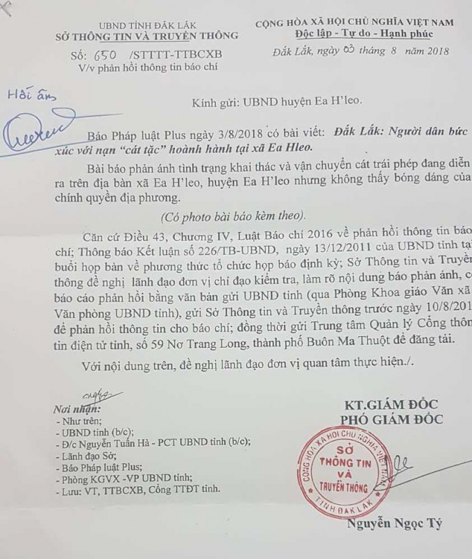 Văn bản phản hồi của Sở TTTT Đắk Lắk.