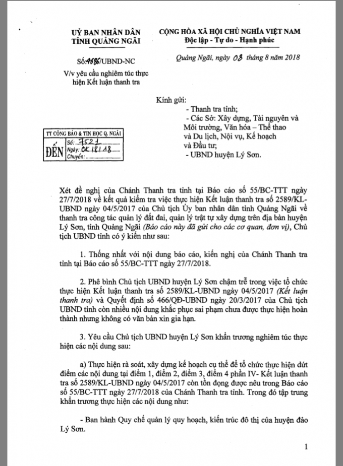 Quảng Ng&atilde;i ph&ecirc; b&igrave;nh Chủ tịch UBND huyện L&yacute; Sơn chưa nghi&ecirc;m t&uacute;c thực hiện Kết luận thanh tra.
