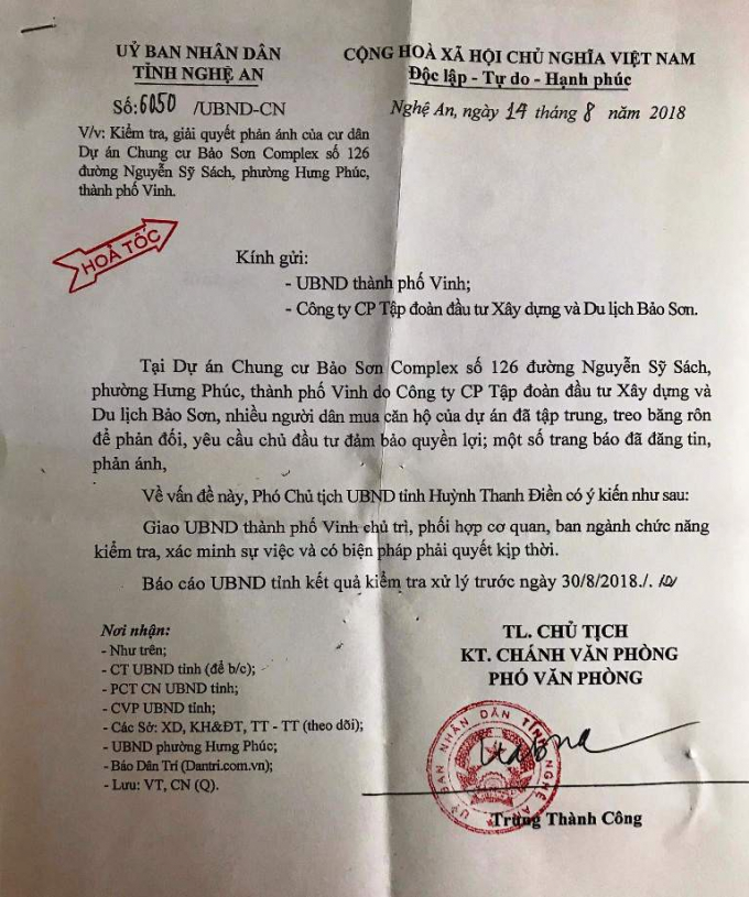 C&ocirc;ng văn của UBND tỉnh Nghệ An y&ecirc;u cầu xử l&yacute; vụ việc.