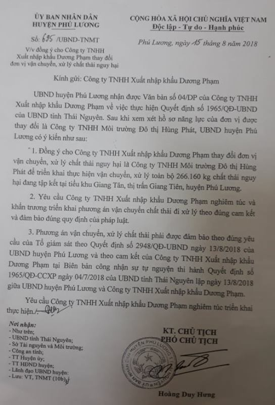 Văn bản số 694/UBND-TNMT, do &ocirc;ng Ho&agrave;ng Duy Hưng, Ph&oacute; Chủ tịch UBND huyện Ph&uacute; Lương k&yacute;&nbsp;y&ecirc;u cầu C&ocirc;ng ty Dương Phạm nghi&ecirc;m t&uacute;c triển khai thực hiện tiến độ đ&atilde; cam kết.