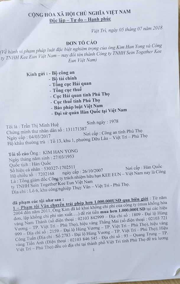 Đơn của chị Tr&acirc;̀n Thị Minh Hu&ecirc;̣ t&ocirc;́ cáo &ocirc;ng Kim Hang Yong tới các cơ quan trung ương và địa phương.