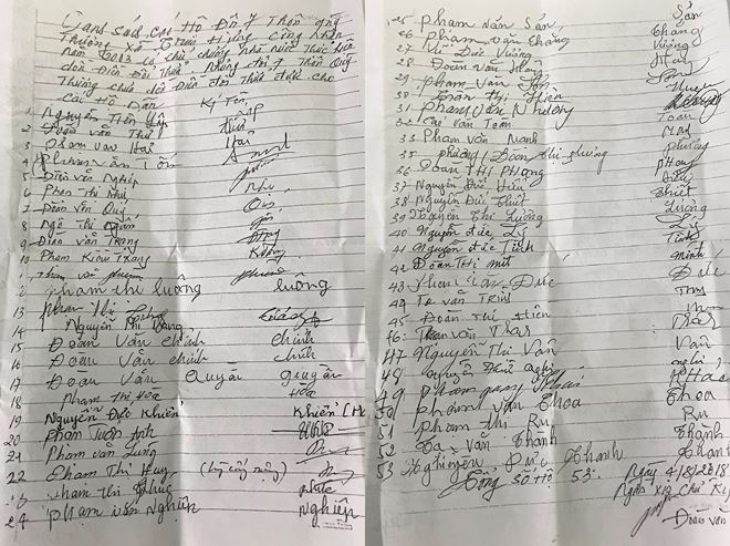 53 hộ d&acirc;n ở đ&acirc;y k&yacute; x&aacute;c nhận khẳng định năm 2003 UBND x&atilde; Trực Hưng đ&atilde; tiến h&agrave;nh dồn điền đổi thửa nhưng thất bại.