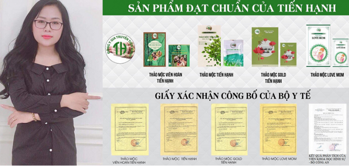 To&agrave;n bộ sản phẩm của C&ocirc;ng ty TNHH Đ&ocirc;ng Y Gia truyền Tiến Hạnh đều được Cục an to&agrave;n thực phẩm &ndash; Bộ Y tế cấp ph&eacute;p. B&ecirc;n cạnh l&agrave; b&agrave;&nbsp;Đặng Thi&ecirc;n Hương, Tổng Gi&aacute;m đốcC&ocirc;ng ty TNHH Đ&ocirc;ng y gia truyền Tiến Hạnh.