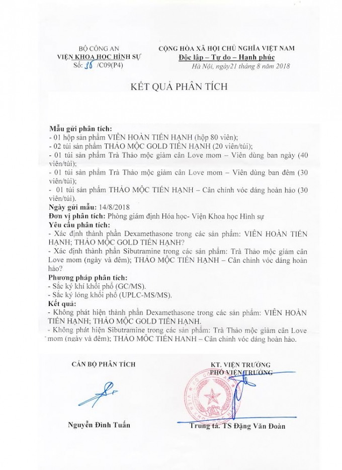 Kết quả ph&acirc;n t&iacute;ch của&nbsp;Viện Khoa học h&igrave;nh sự - Bộ C&ocirc;ng an x&aacute;c nhận kh&ocirc;ng ph&aacute;t hiện c&aacute;c chất cấm trong c&aacute;c loại thảo mộc, thực phẩm chức năng Tiến Hạnh.
