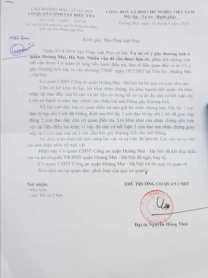 C&ocirc;ng văn của C&ocirc;ng an quận Ho&agrave;ng Mai gửi đến Ph&aacute;p lu&acirc;t Plus.