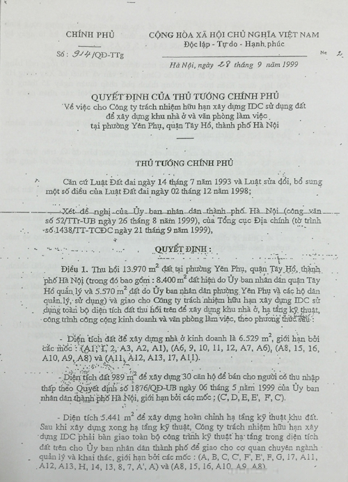 Quyết định của Thủ tướng CP về việc giao đất của IDC xây dựng dự án khu nhà ở và văn phòng làm việc tại phường Yên Phụ, quận Tây Hồ.