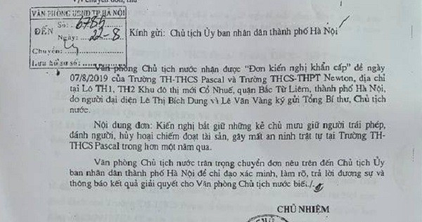 Văn phòng Chủ tịch nước giao UBND TP. Hà Nội xác minh, làm rõ vụ việc tại Trường Pascal!