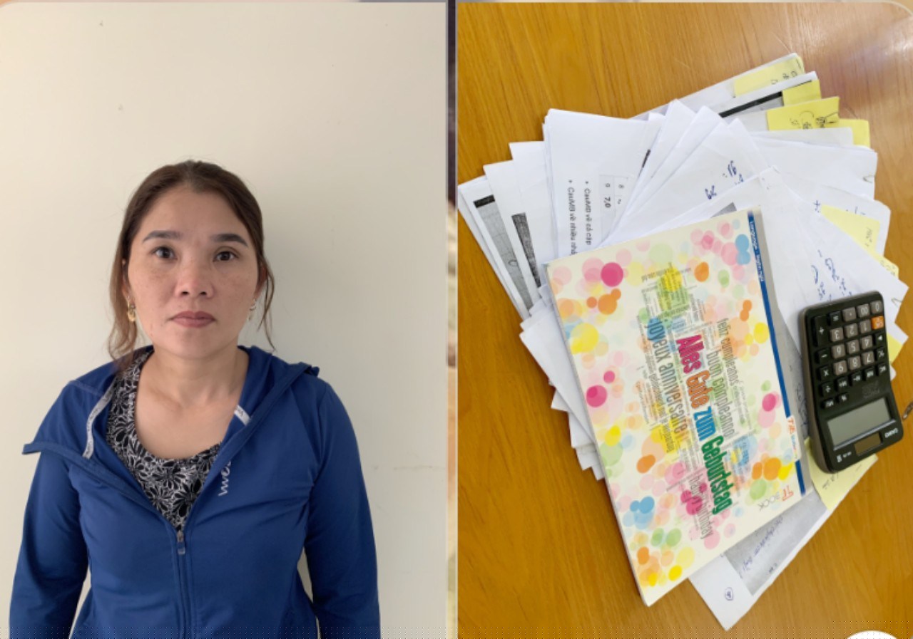 Đối tượng cầm đầu Nguyễn Thị Huệ cùng tang vật.