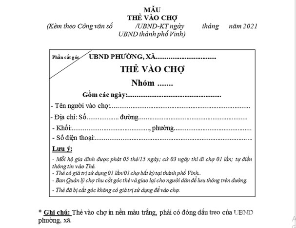 Mẫu thẻ được phát cho người dân TP Vinh đi chợ