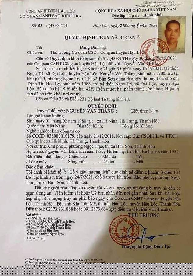 Quyết định truy nã đối tượng Nguyễn Văn Thắng.