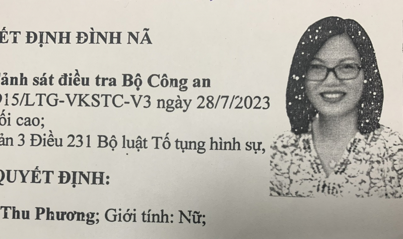 Quyết định đình nã đối với Nguyễn Thị Thu Phương. Ảnh: CAND